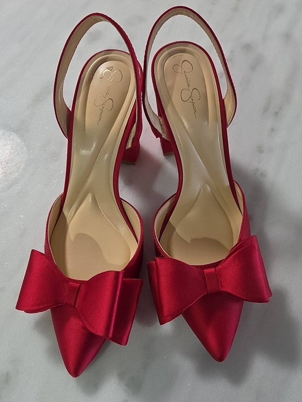 Jessica Simpson Red Satin Pointed Toe Slingback Pumps with Bow